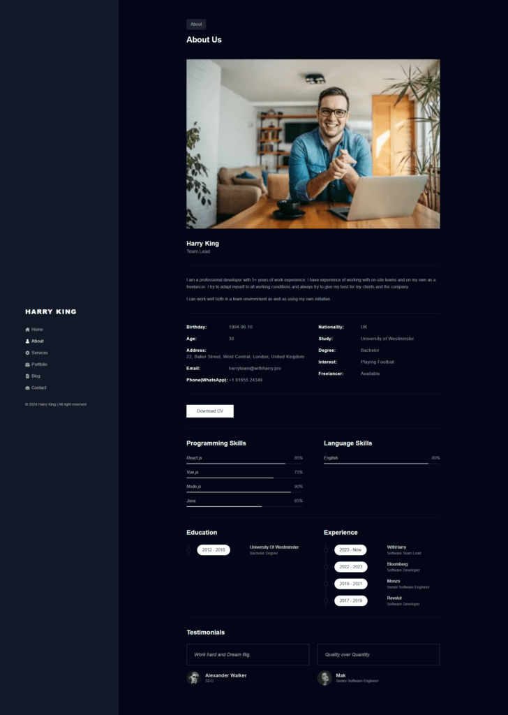 Harry King Portfolio: Next.js TailwindCSS